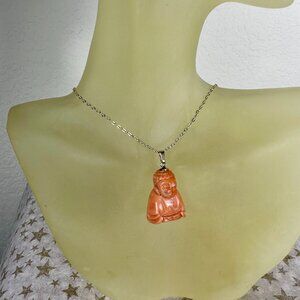 NWOT 14K and Coral Buddha Pendant on Gold Tone Chain